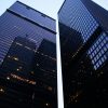 Dramatic low angle view of Toronto's skyscrapers reflecting the evening sky.