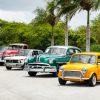 A lineup of vintage cars parked outdoors surrounded by palm trees on a sunny day.